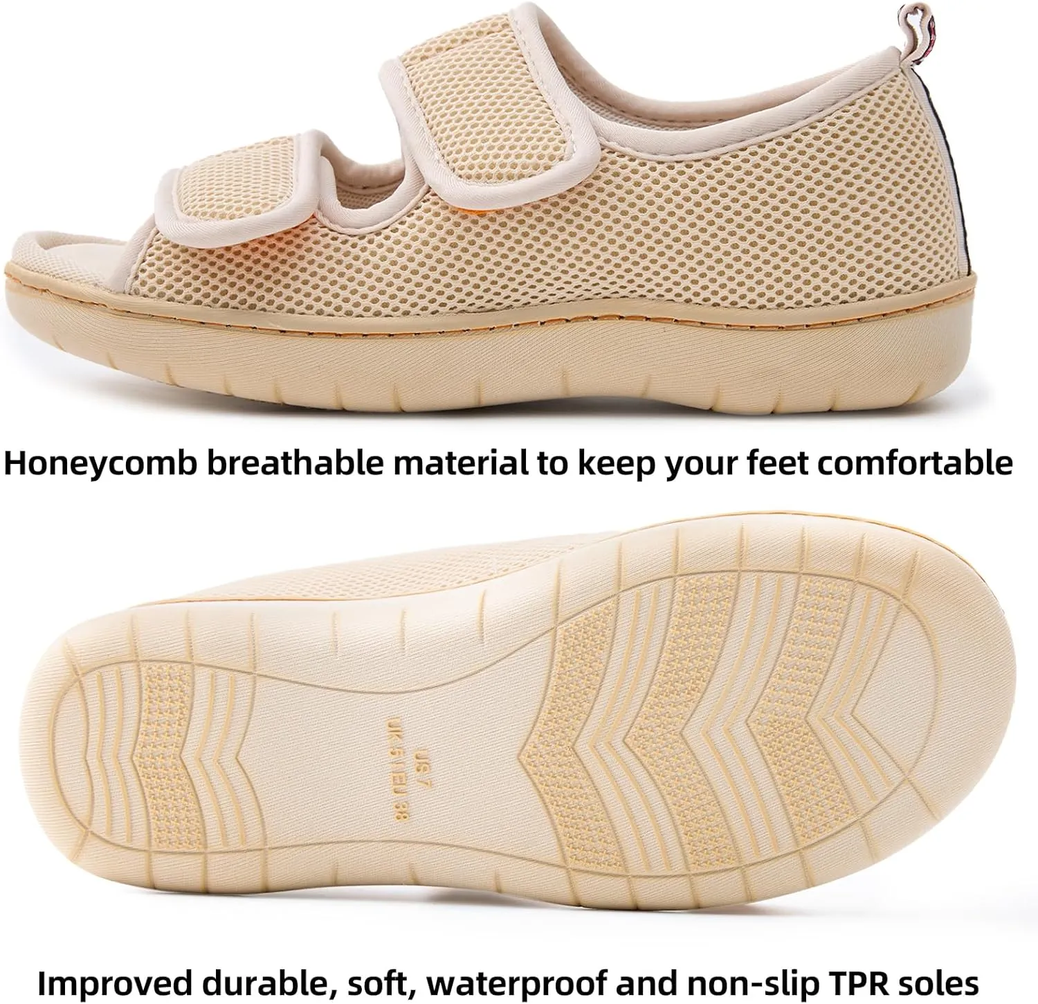 Women Men's Open Toe Diabetic Recovery Slippers Adjustable Slipper with Anti-Slip Indoor Outdoor Sole Grey Black Beige Color US6-US13