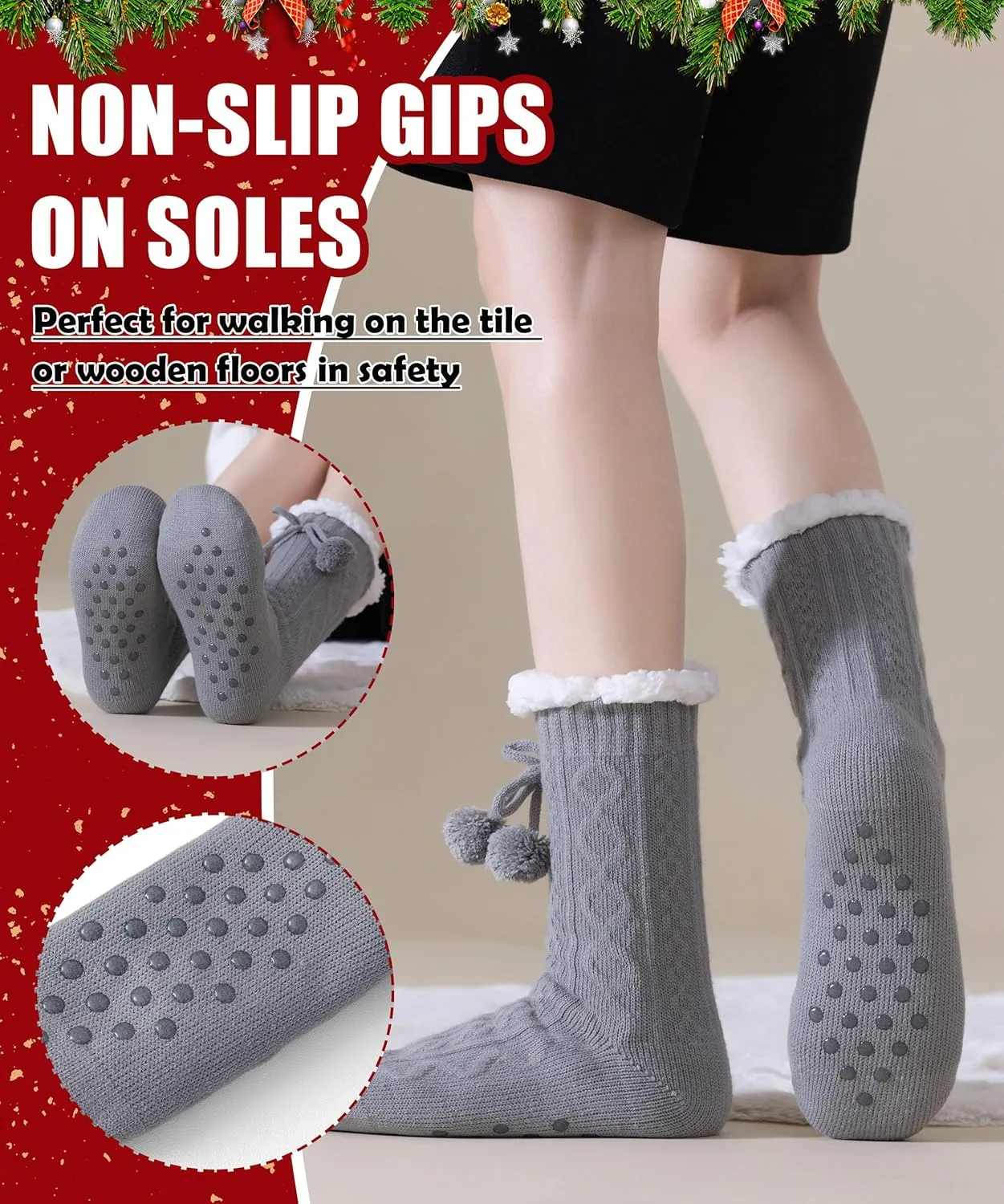 Women Slipper Socks Winter Thick Fleece Lined Warm Thermal Thick Fluffy Comfy Non Slip Home Socks