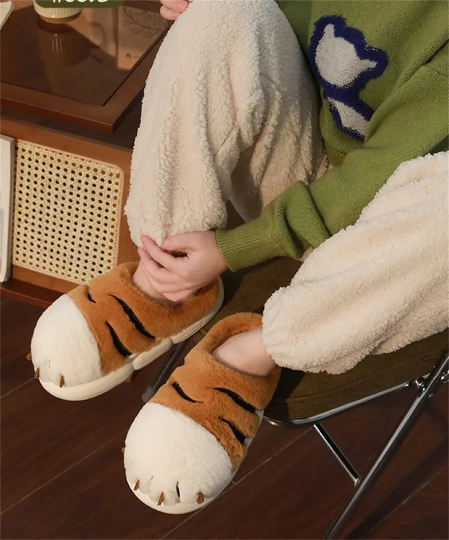 Women's & Men's Warm Plush Tiger Claw Slippers - Adult Cotton Indoor Non-Slip Home Thick Bottom Slippers for Winter Warmth