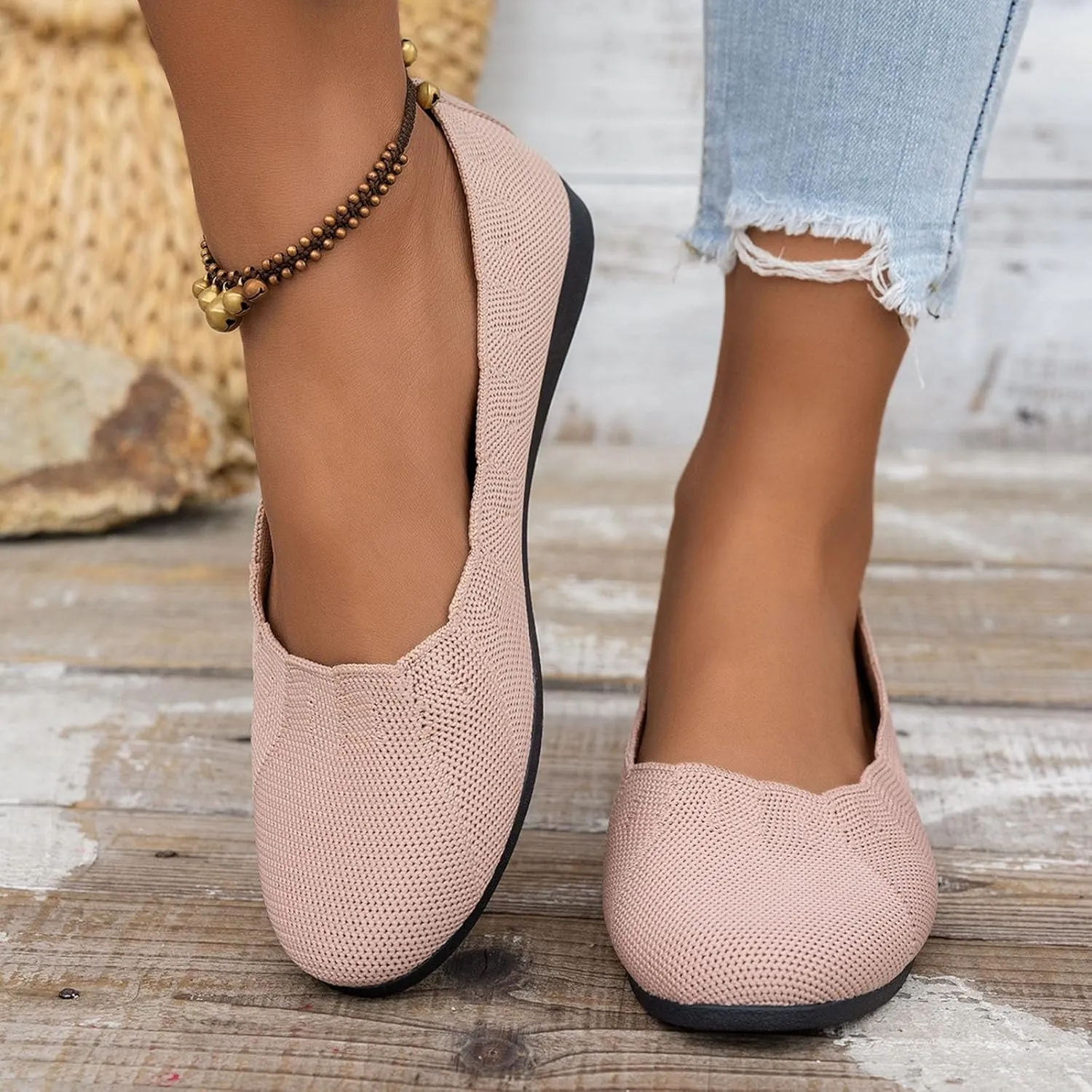 Women's Black Ballet Flats Stretch Knit Slip-Ons with Subtle Wedge Dress Low Wedge Shoes