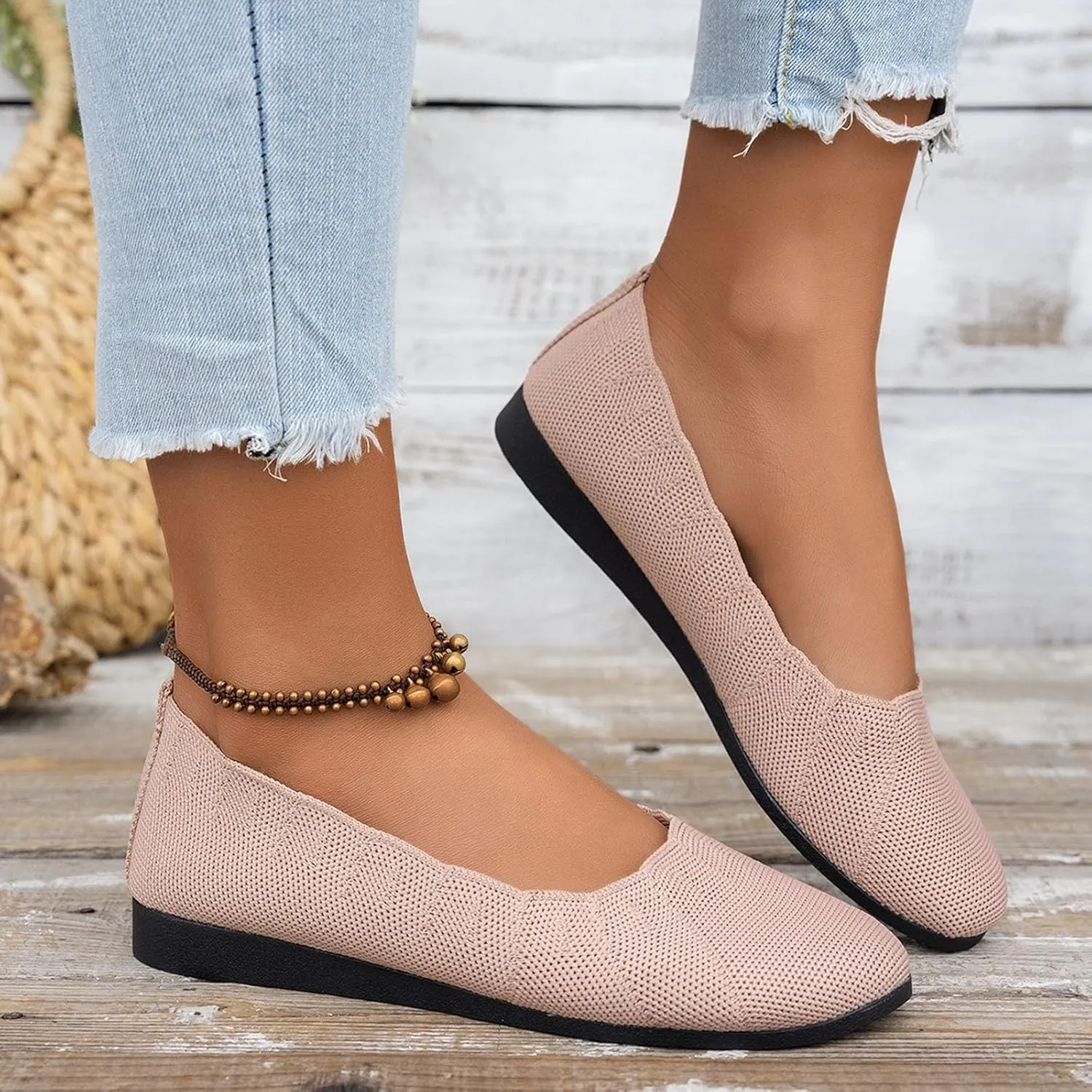 Women's Black Ballet Flats Stretch Knit Slip-Ons with Subtle Wedge Dress Low Wedge Shoes