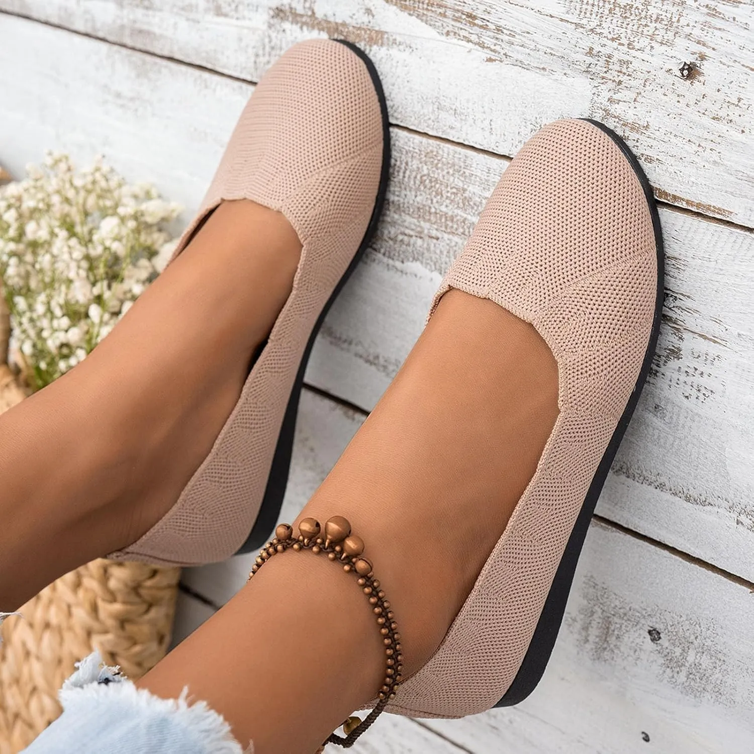 Women's Black Ballet Flats Stretch Knit Slip-Ons with Subtle Wedge Dress Low Wedge Shoes