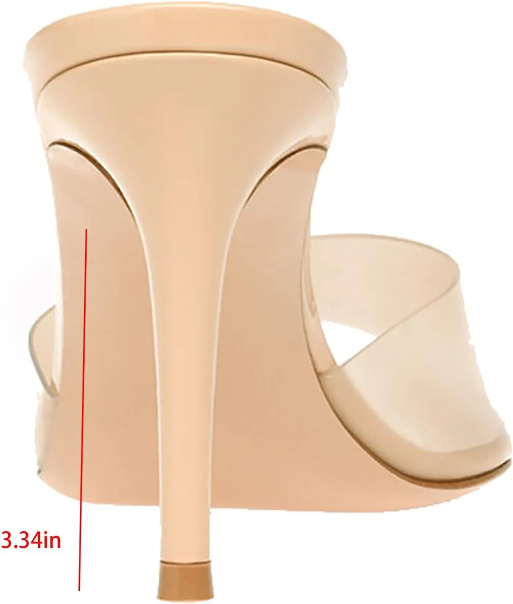 Women's Clear Pointed Open Toe Stiletto Heel Slide Sandals Fashion Sexy Slip On Transparent Strap High Heels Mules Summer Backless Party Wedding Prom Dress Shoes