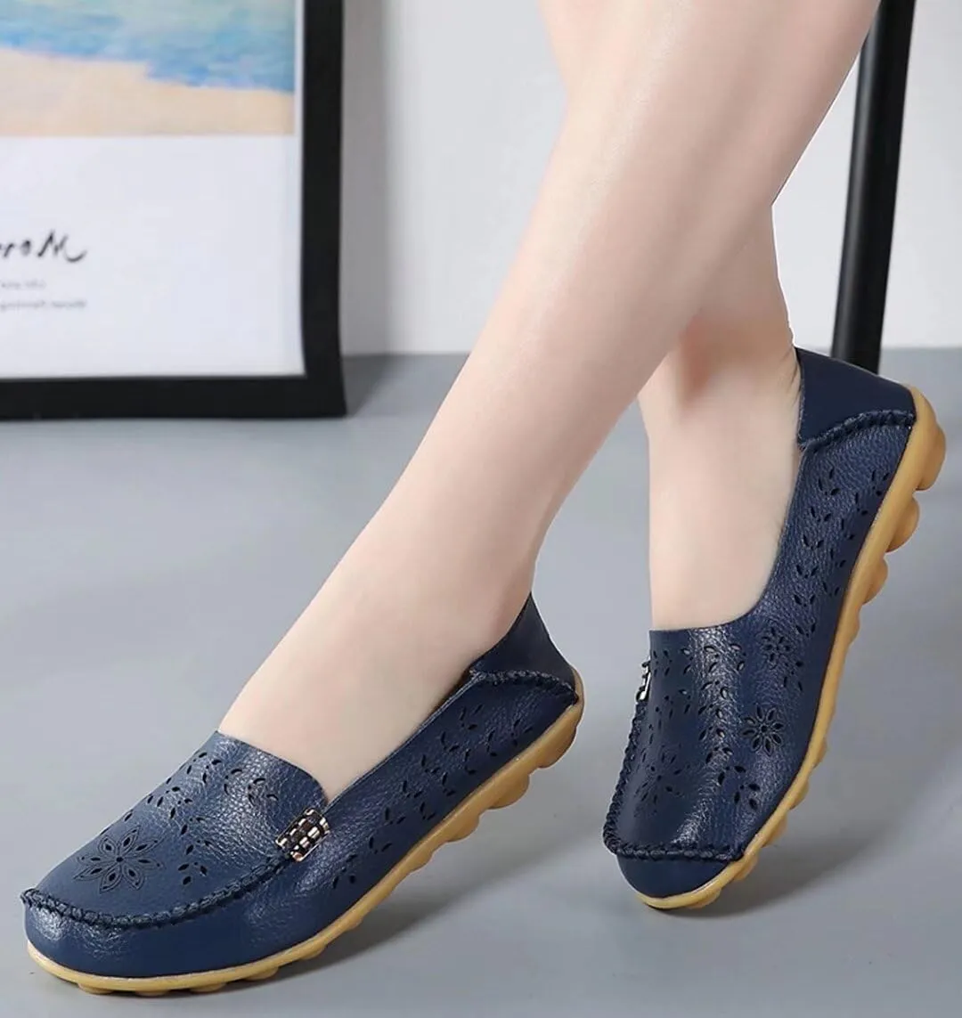 Womens Cowhide Casual Slipper Loafers Moccasin Driving Shoes Flat Slip-Ons