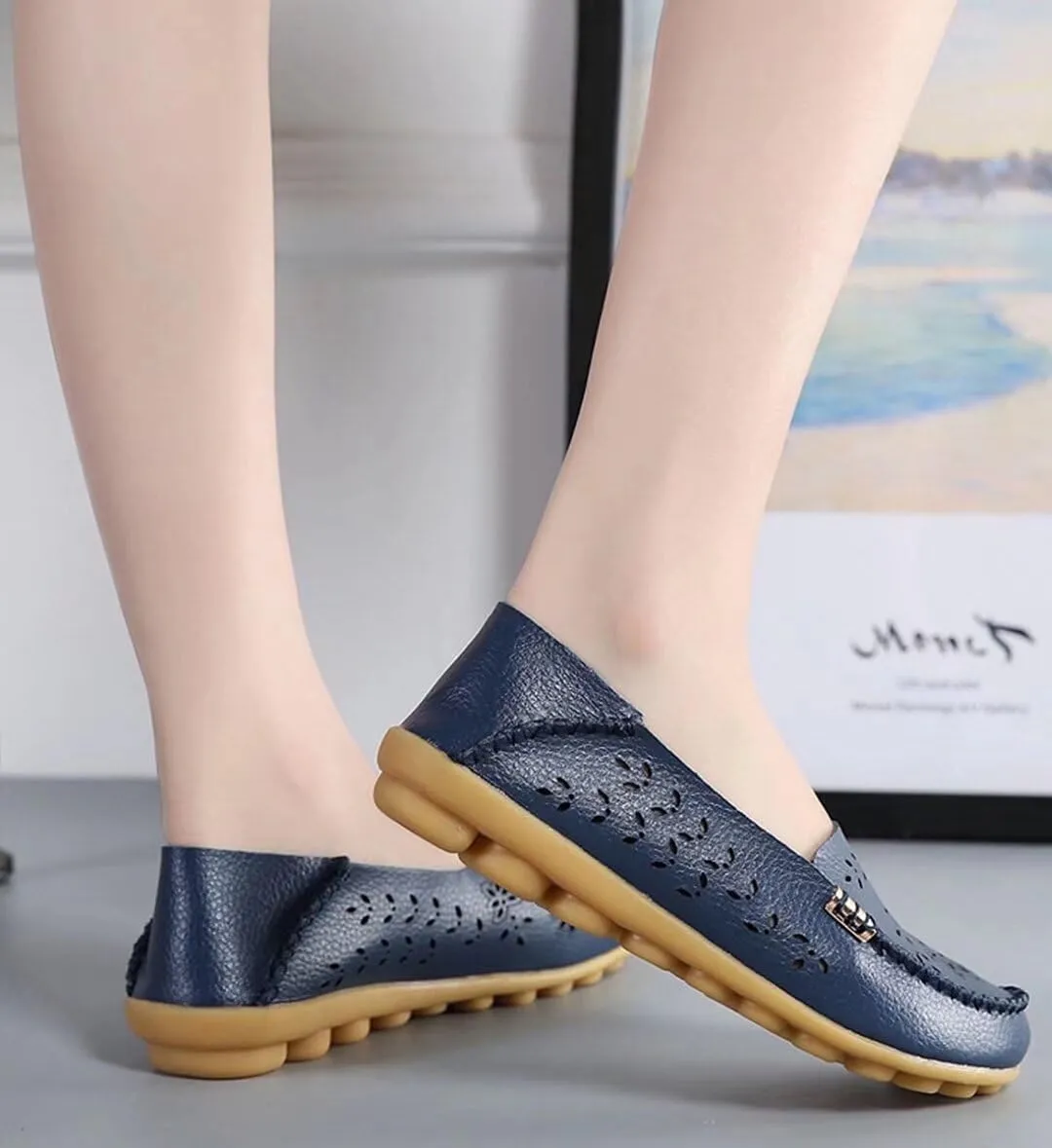 Womens Cowhide Casual Slipper Loafers Moccasin Driving Shoes Flat Slip-Ons