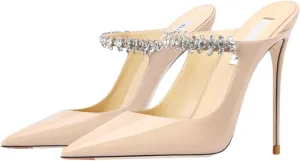 Women's Crystal Slipper Heels, Leather Pointed Toe Evening Pumps