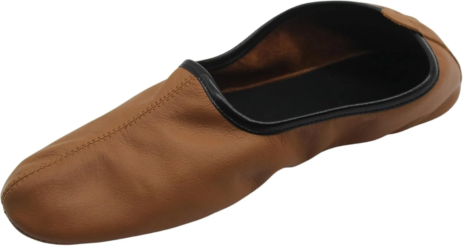 Women's Indoor Leather Slippers Tan Color Traditional Babouche House Shoes Barefoot Moccasin
