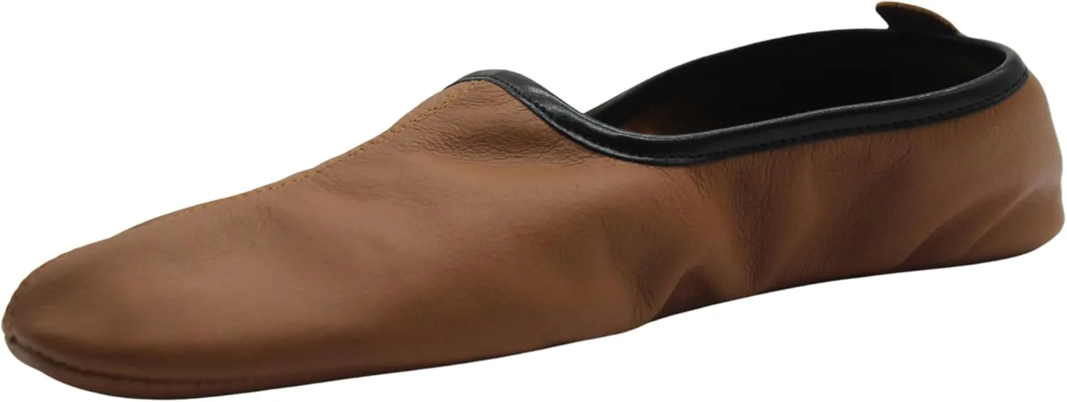 Women's Indoor Leather Slippers Tan Color Traditional Babouche House Shoes Barefoot Moccasin