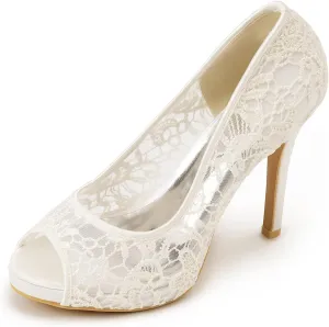 Women's Lace Stiletto High Heels Peep Toe Platform Sandals Slip On Wedding Pumps Bride Dress Shoes, 4 Inch