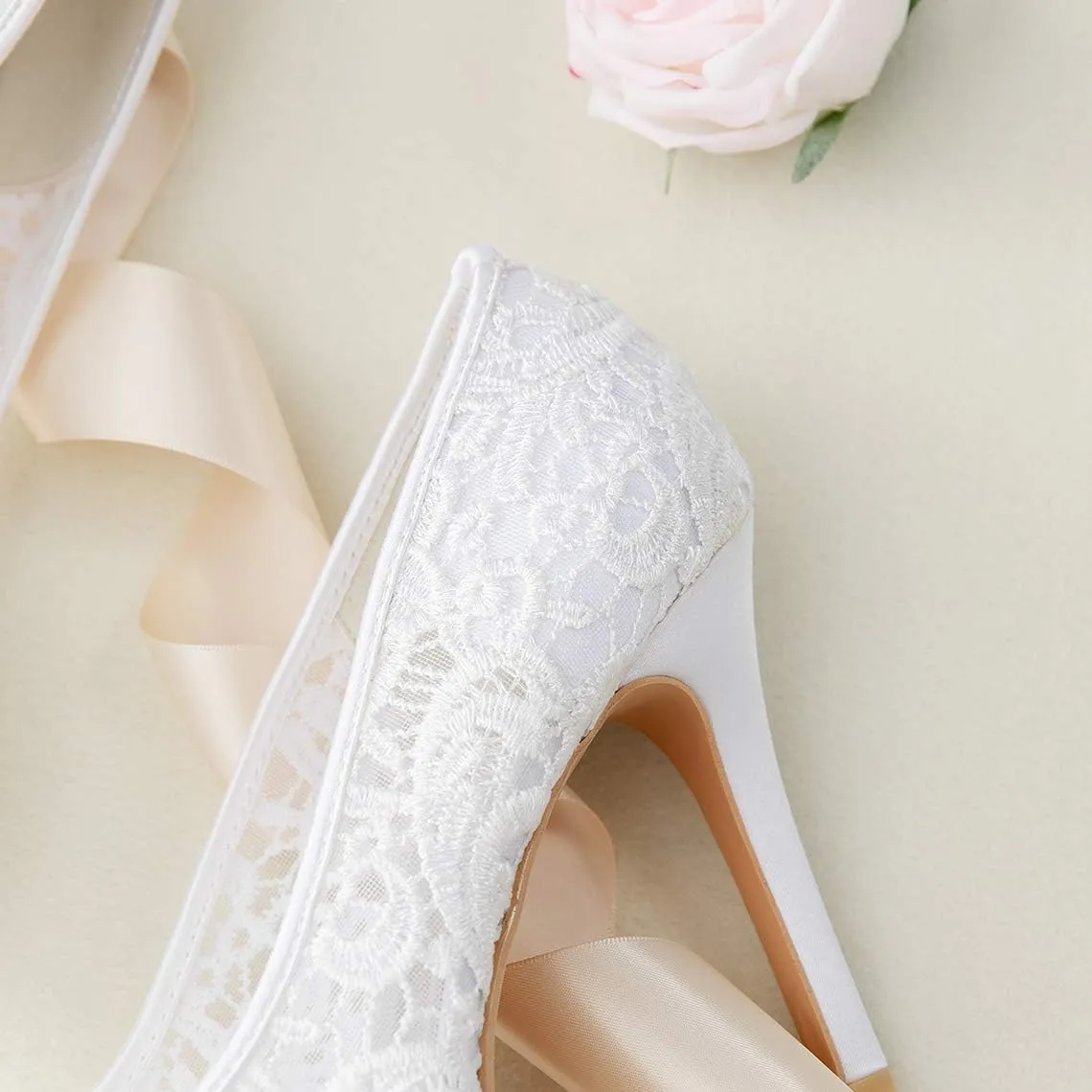 Women's Lace Stiletto High Heels Peep Toe Platform Sandals Slip On Wedding Pumps Bride Dress Shoes, 4 Inch