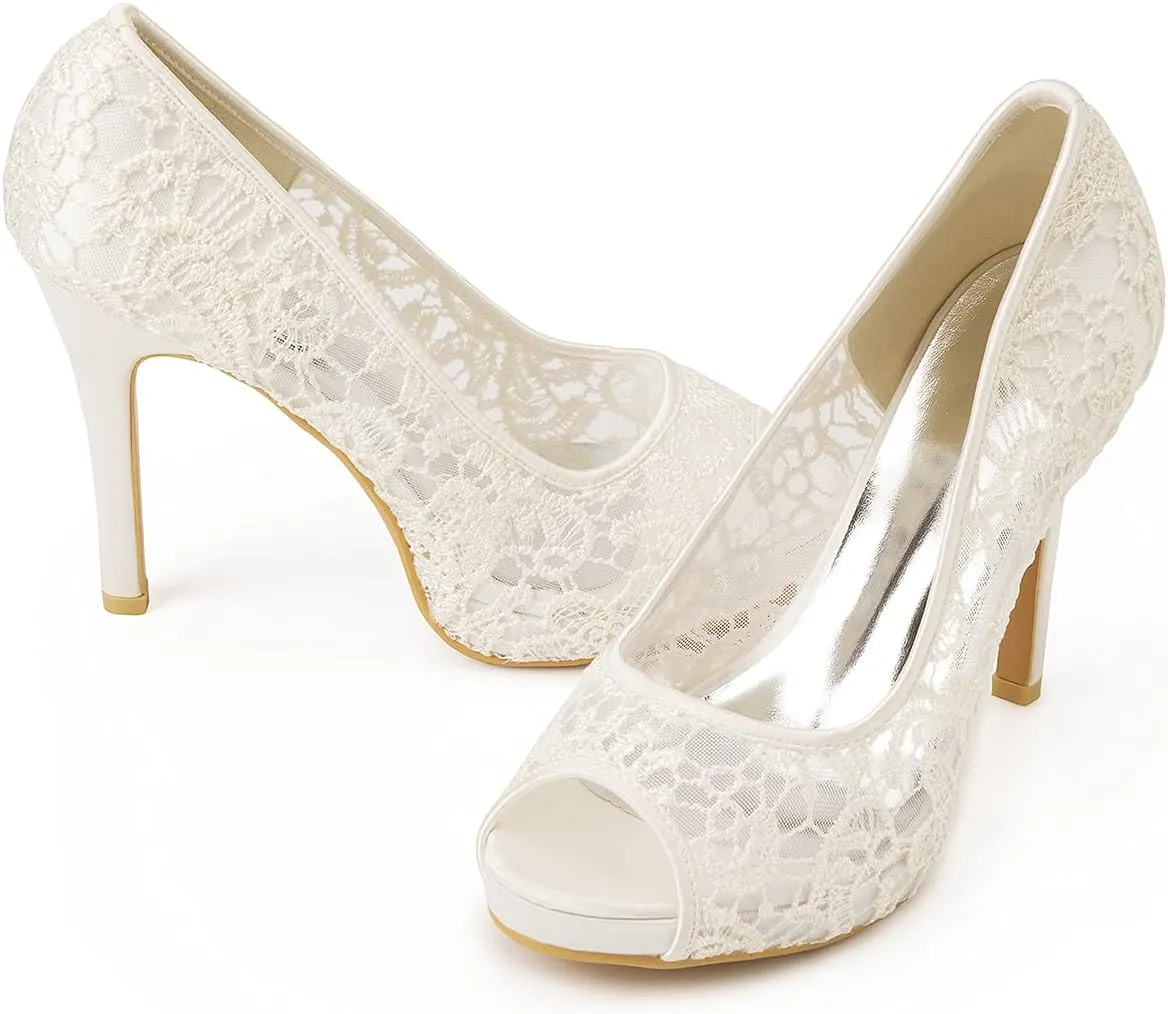Women's Lace Stiletto High Heels Peep Toe Platform Sandals Slip On Wedding Pumps Bride Dress Shoes, 4 Inch