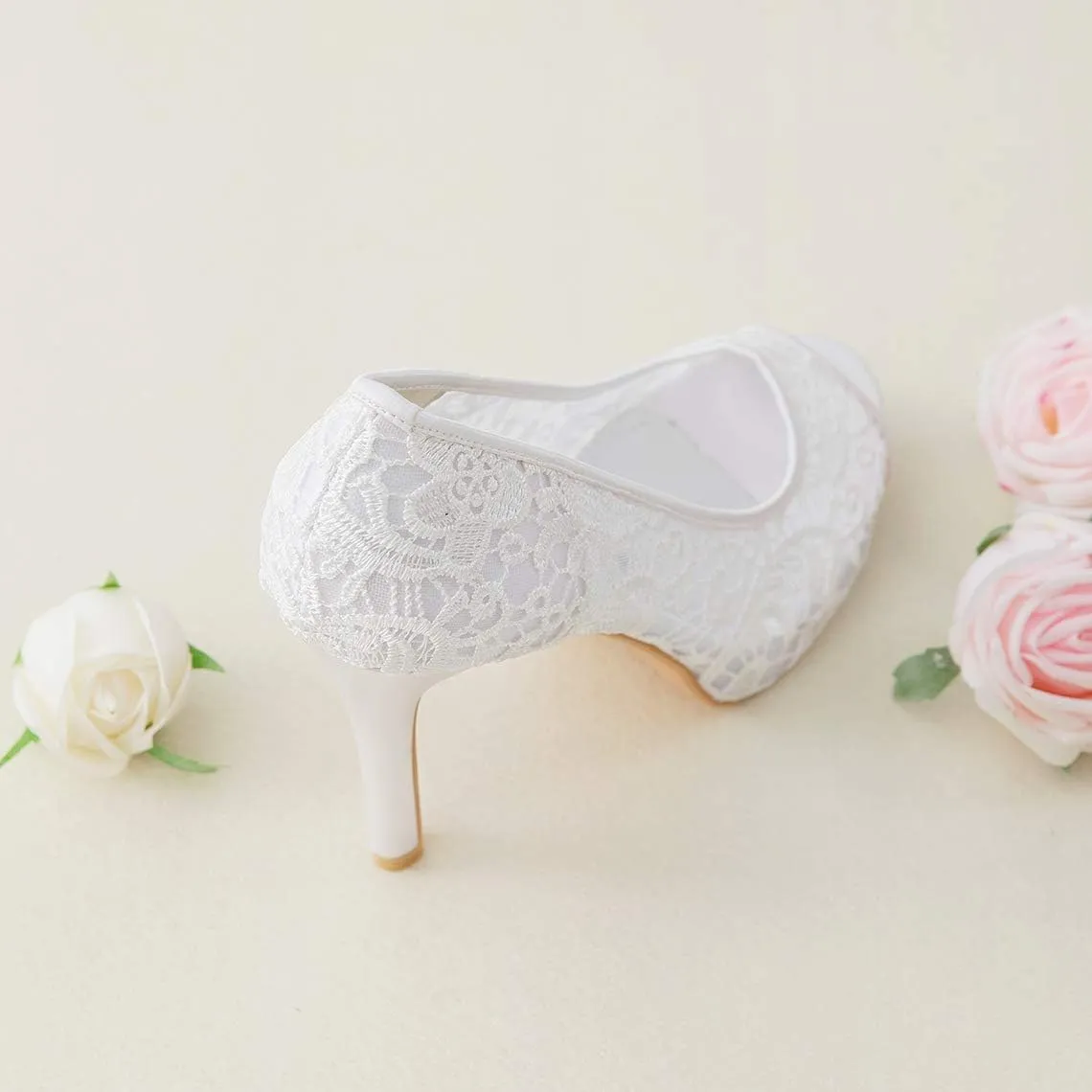 Women's Lace Stiletto High Heels Peep Toe Platform Sandals Slip On Wedding Pumps Bride Dress Shoes, 4 Inch