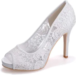 Women's Lace Stiletto High Heels Peep Toe Platform Sandals Slip On Wedding Pumps Bride Dress Shoes, 4 Inch