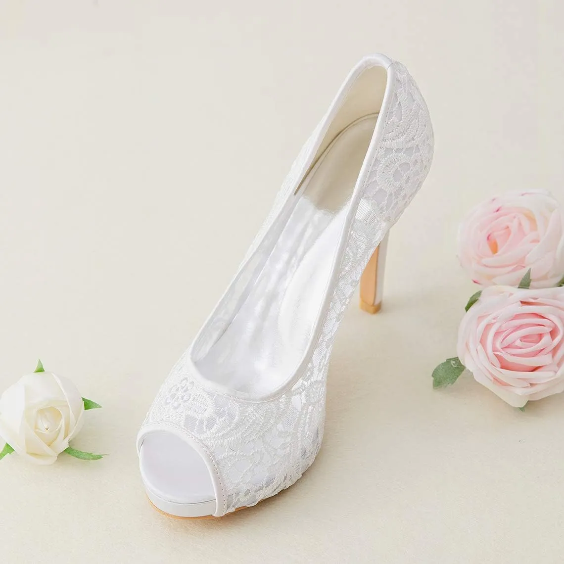 Women's Lace Stiletto High Heels Peep Toe Platform Sandals Slip On Wedding Pumps Bride Dress Shoes, 4 Inch