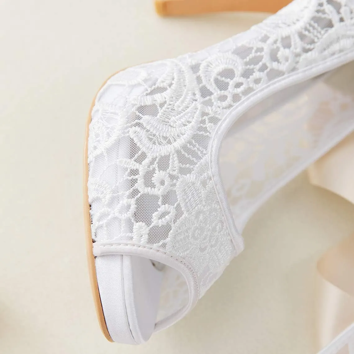 Women's Lace Stiletto High Heels Peep Toe Platform Sandals Slip On Wedding Pumps Bride Dress Shoes, 4 Inch