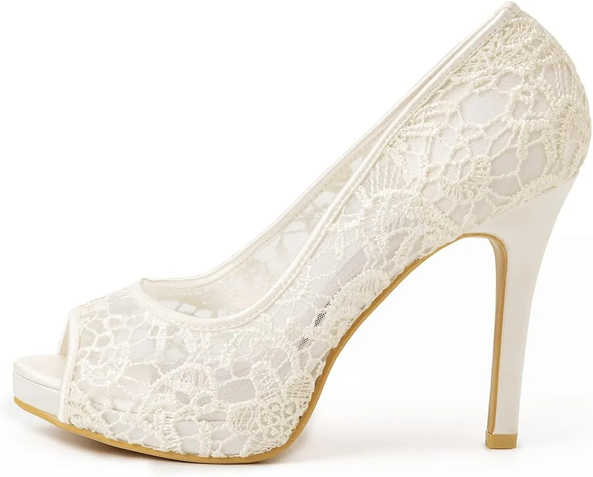 Women's Lace Stiletto High Heels Peep Toe Platform Sandals Slip On Wedding Pumps Bride Dress Shoes, 4 Inch