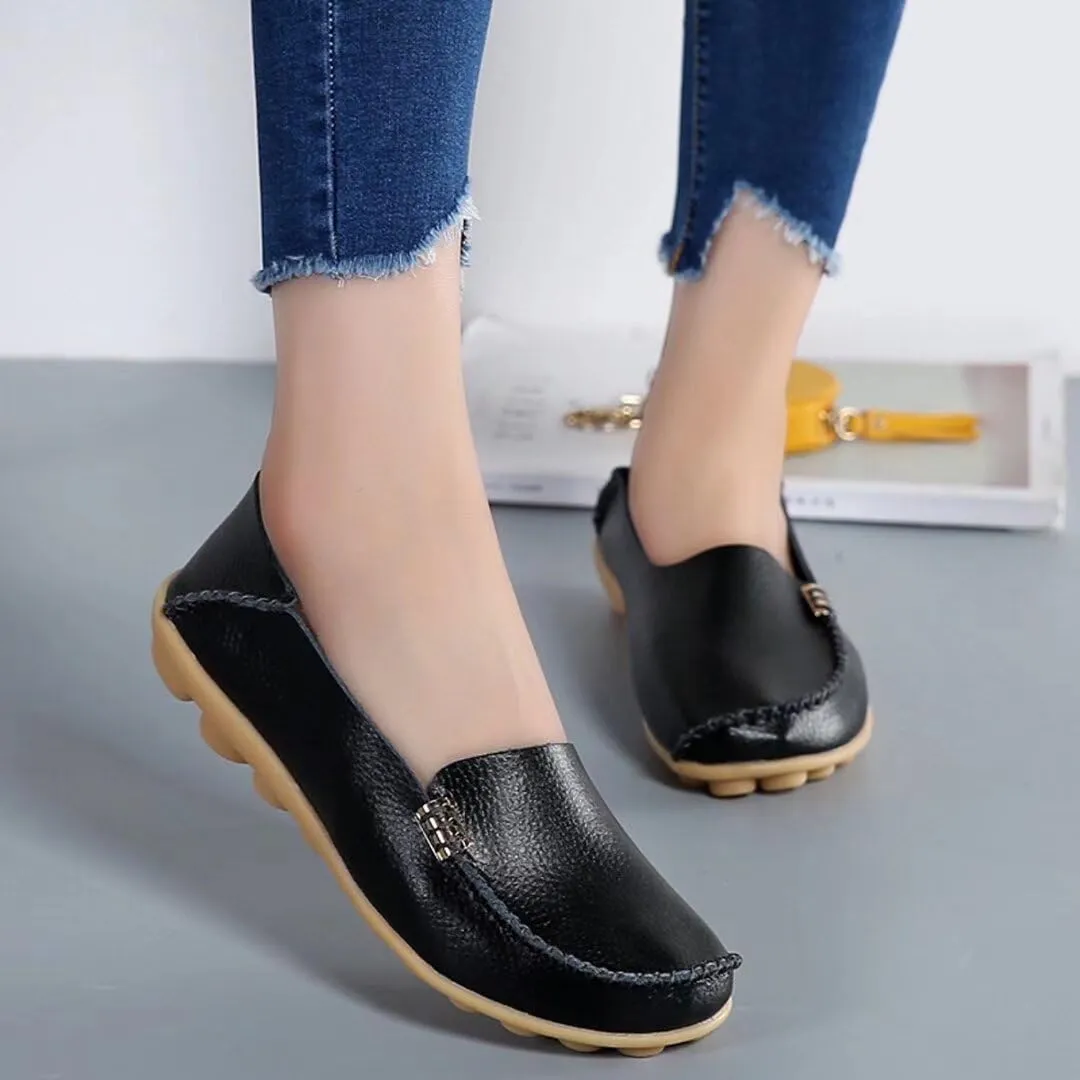 Women's Leather Casual Slipper Loafers Moccasins Driving Shoes Flat Slip On