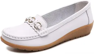 Women's Leather Wedge Moccasins Pumps Boat Shoes Casual Cushion Driving Slip-Ons