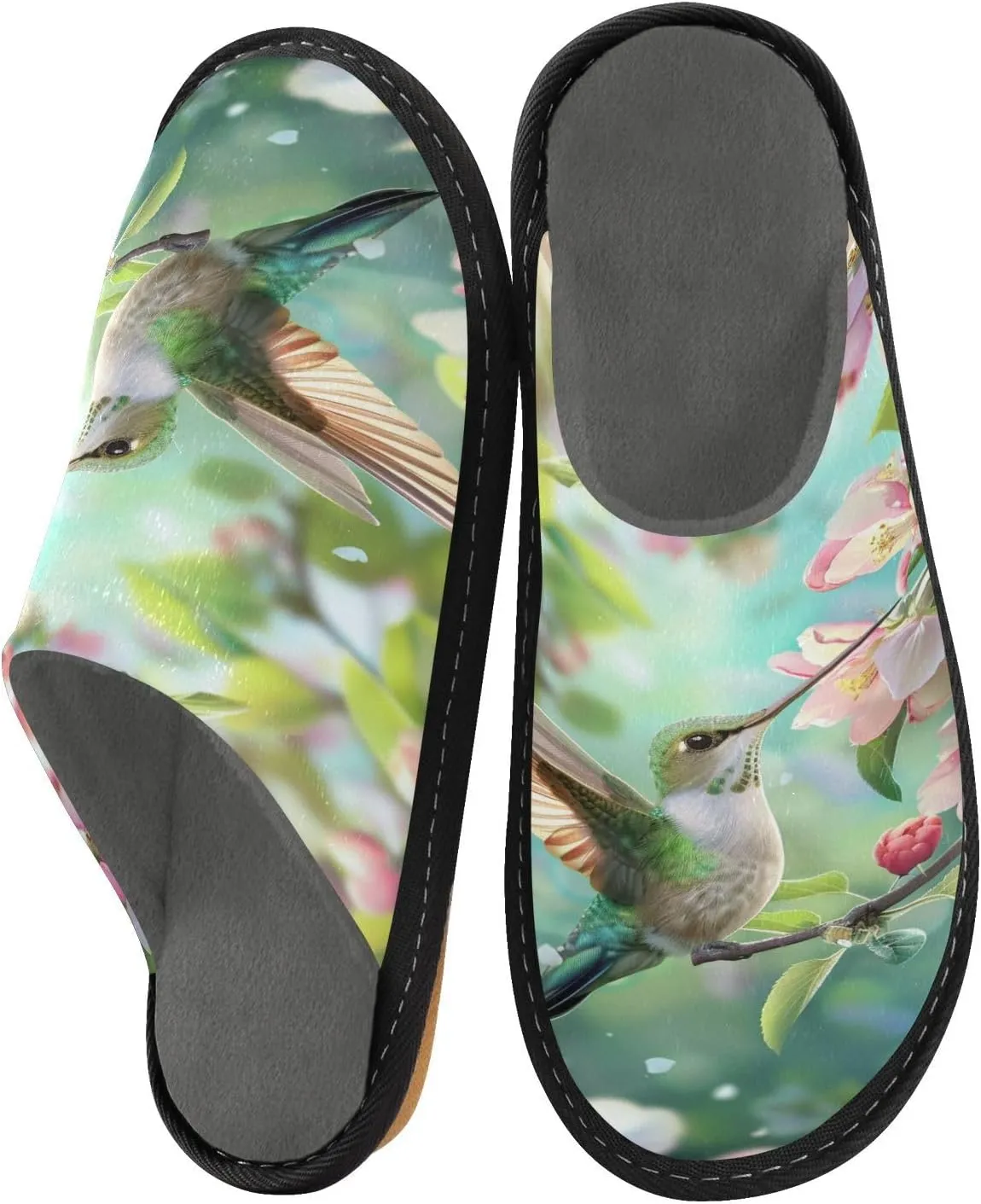 Women's Mens Cosy Slippers, Beautiful Flowers Hummingbird Casual Unisex Slip-On Breathable Memory Foam Scuff Lazy Daily House Shoes for Indoor/Outdoor Size 4-11