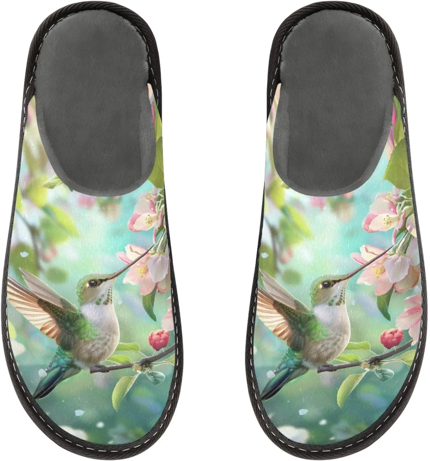 Women's Mens Cosy Slippers, Beautiful Flowers Hummingbird Casual Unisex Slip-On Breathable Memory Foam Scuff Lazy Daily House Shoes for Indoor/Outdoor Size 4-11