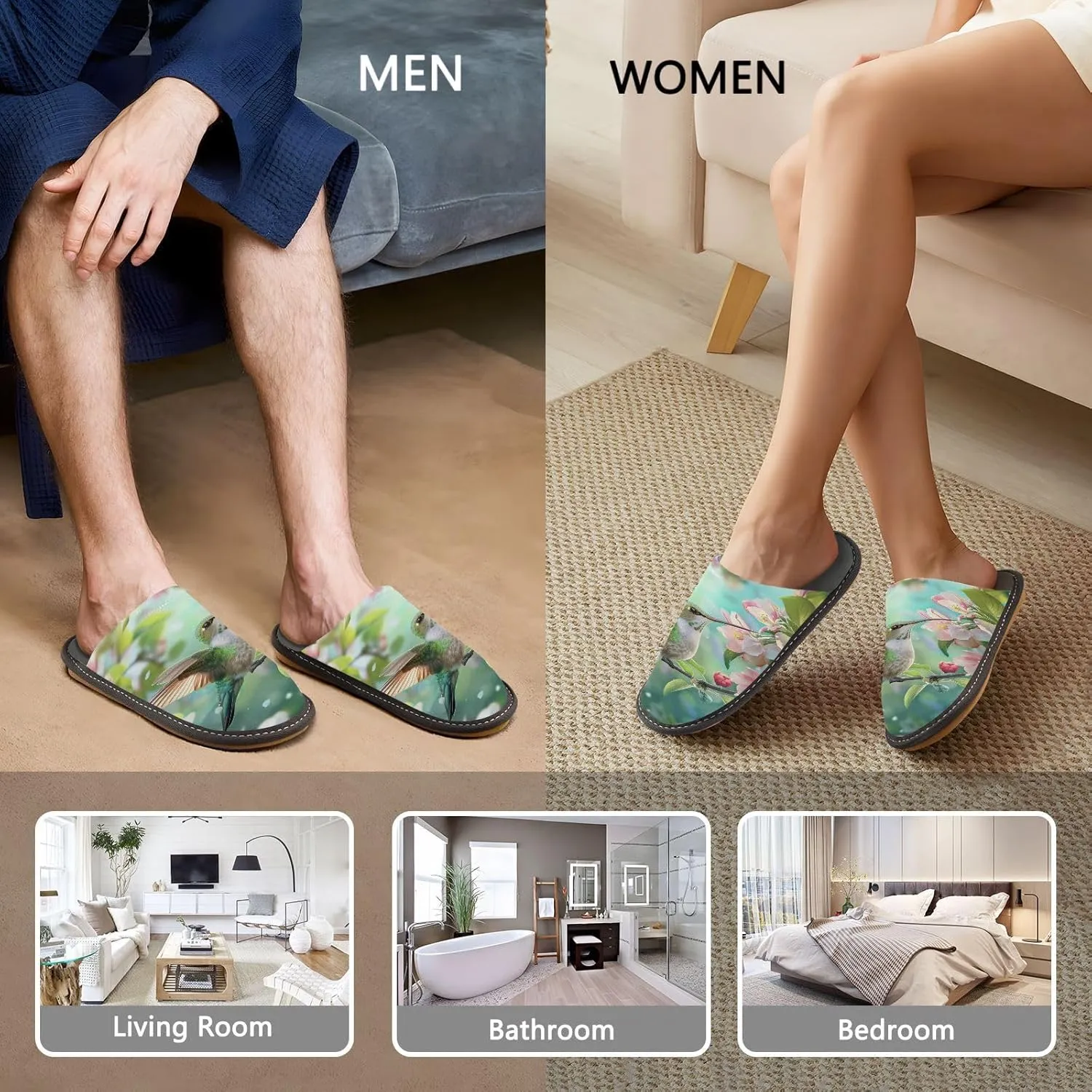 Women's Mens Cosy Slippers, Beautiful Flowers Hummingbird Casual Unisex Slip-On Breathable Memory Foam Scuff Lazy Daily House Shoes for Indoor/Outdoor Size 4-11