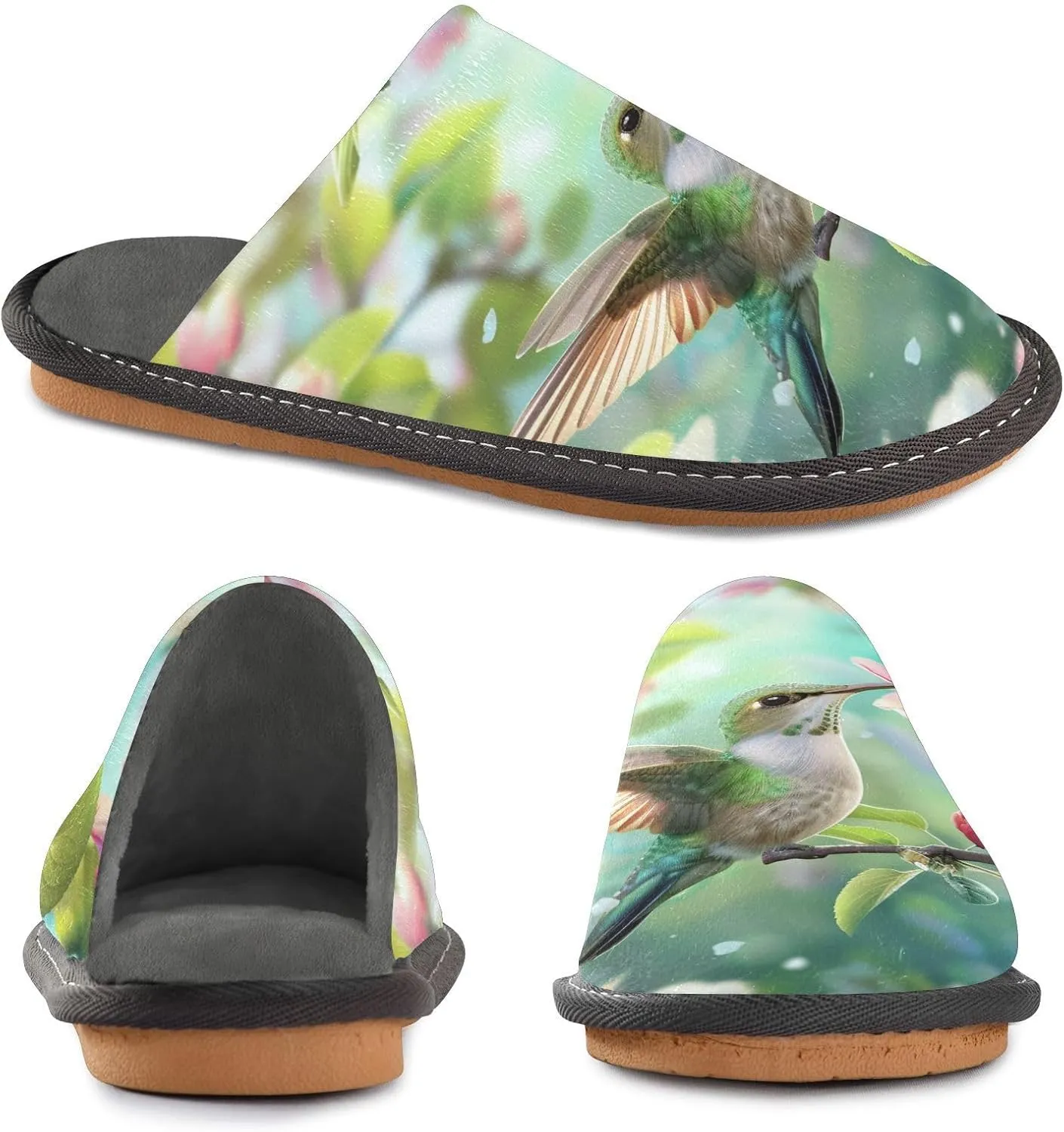Women's Mens Cosy Slippers, Beautiful Flowers Hummingbird Casual Unisex Slip-On Breathable Memory Foam Scuff Lazy Daily House Shoes for Indoor/Outdoor Size 4-11
