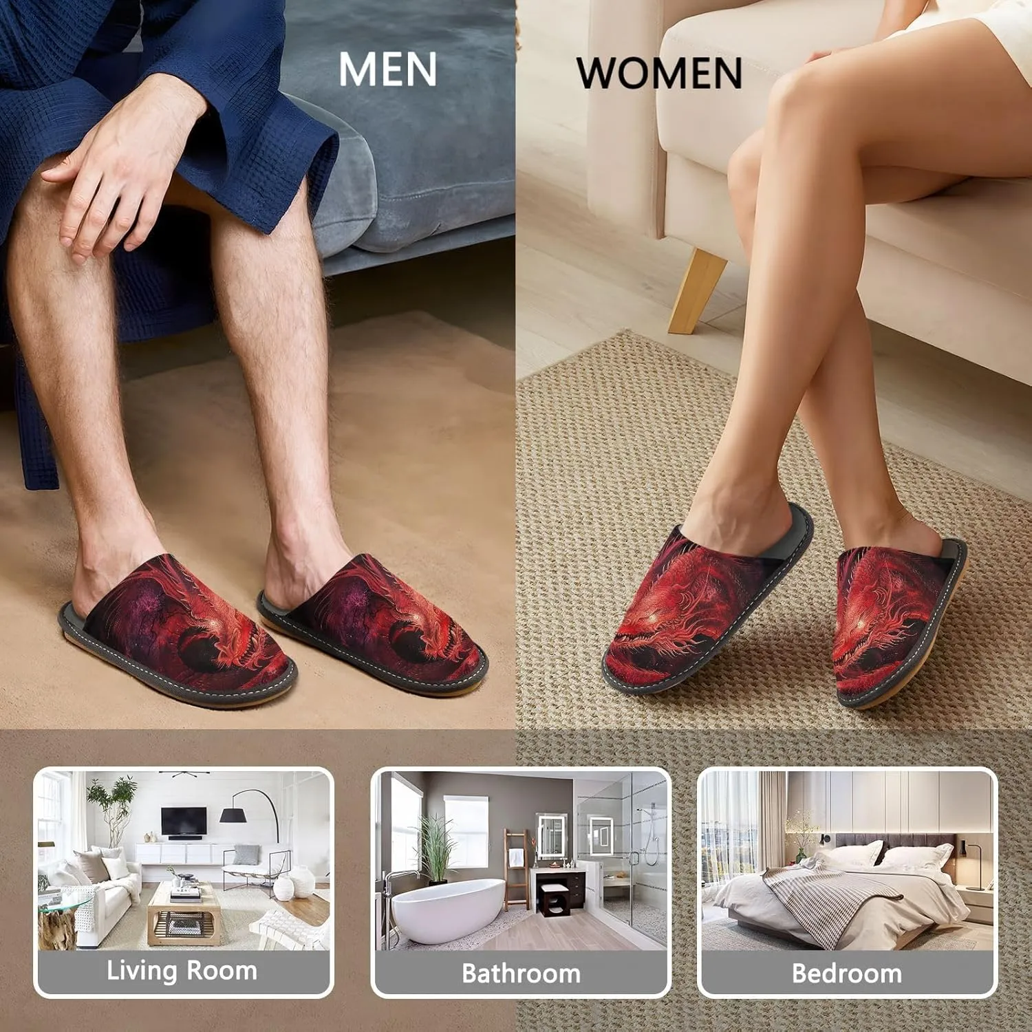 Women's Mens Cosy Slippers, Magic Red Dragon Casual Unisex Slip-On Breathable Memory Foam Scuff Lazy House Shoes for Indoor/Outdoor Size 4-11