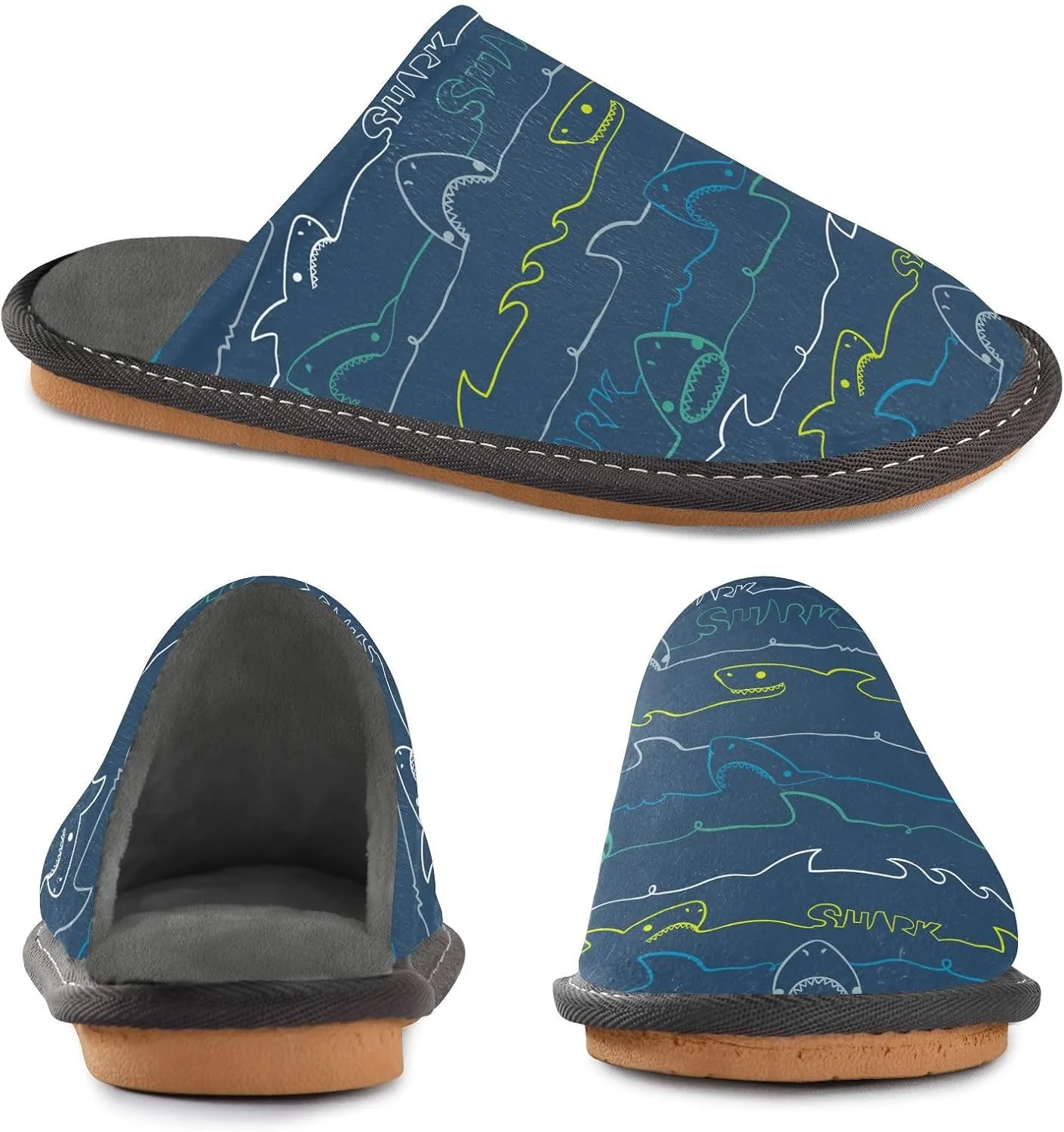 Women's Mens Cosy Slippers, Sea Wave Sharks Blue Stripes Unisex Casual Slip-On Breathable Memory Foam Scuff Lazy House Shoes for Indoor/Outdoor Size 4-11