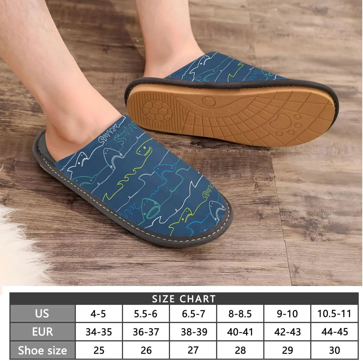 Women's Mens Cosy Slippers, Sea Wave Sharks Blue Stripes Unisex Casual Slip-On Breathable Memory Foam Scuff Lazy House Shoes for Indoor/Outdoor Size 4-11