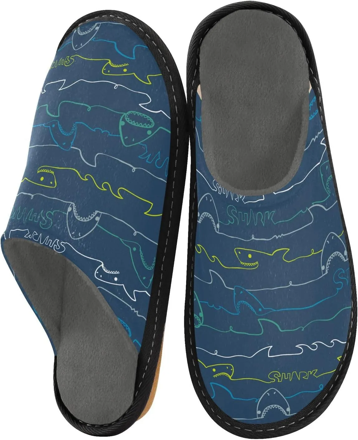 Women's Mens Cosy Slippers, Sea Wave Sharks Blue Stripes Unisex Casual Slip-On Breathable Memory Foam Scuff Lazy House Shoes for Indoor/Outdoor Size 4-11