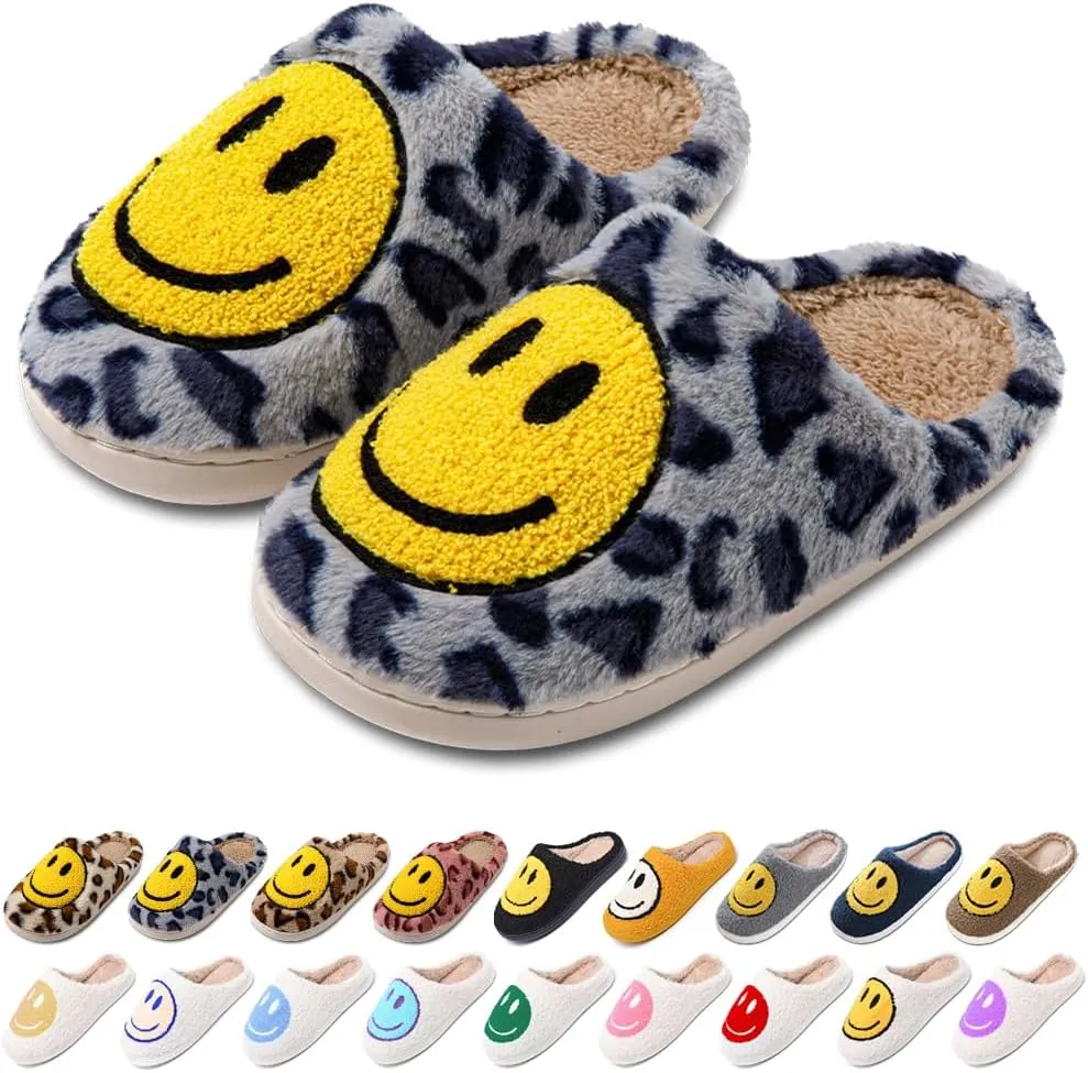Women's Men's Retro Preppy Happy Face Slippers Comfy Warm Plush Slip-On House Slipper for Winter Indoor Soft Cushion Non-slip Fluffy Slides Slippers