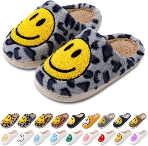 Women's Men's Retro Preppy Happy Face Slippers Comfy Warm Plush Slip-On House Slipper for Winter Indoor Soft Cushion Non-slip Fluffy Slides Slippers