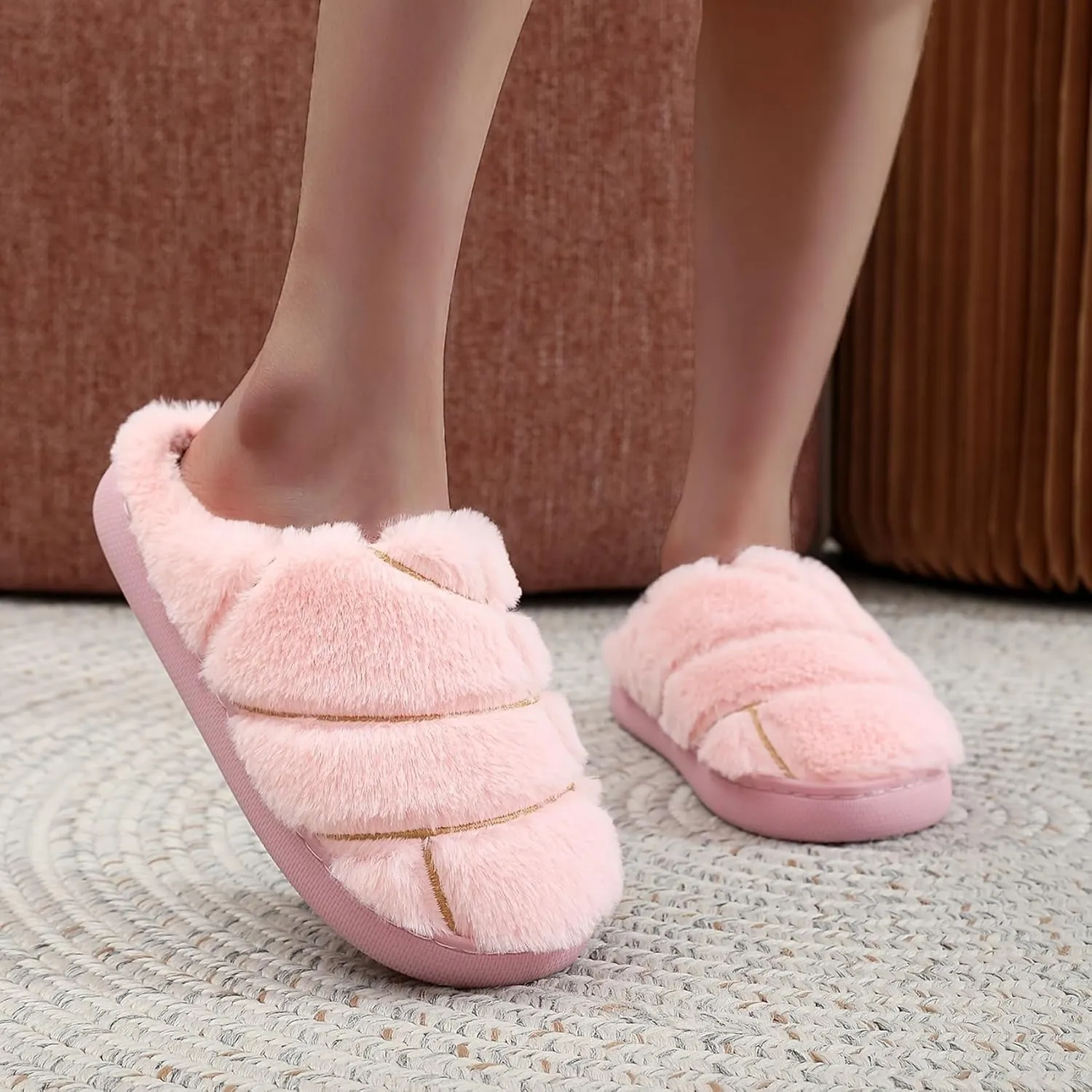 Womens Mens Solid Color Slippers Memory Foam Plush Concha Slippers Lining Warm Soft Cozy Home Slipper Outdoor Indoor House Shoes
