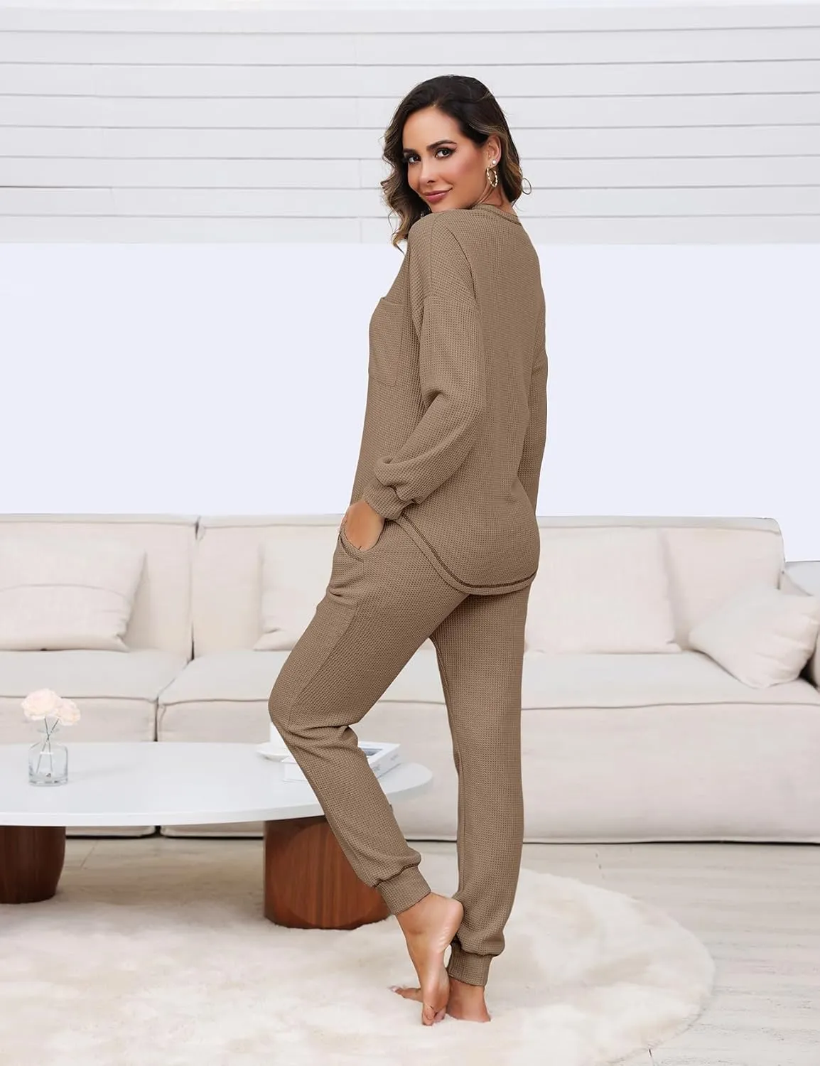 Womens Pajama Sets Waffle Knit 2 Piece Lounge Sets Sleepwear Loungewear Pjs Sets Long Sleeve V Neck Top and Pant Fall