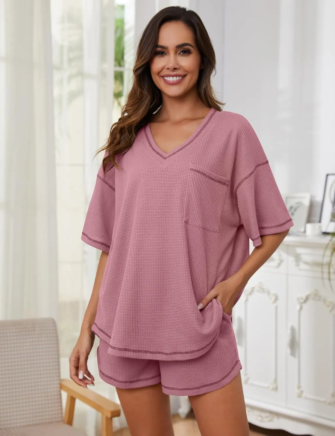 Womens Pajama Sets Waffle Knit 2 Piece Short Lounge Set Cute Sleep Loungewear Pjs Set Short Sleeve Top and Shorts