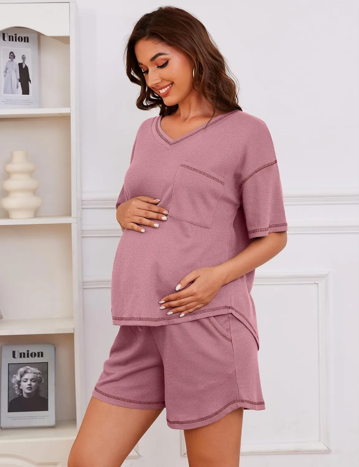 Womens Pajama Sets Waffle Knit 2 Piece Short Lounge Set Cute Sleep Loungewear Pjs Set Short Sleeve Top and Shorts