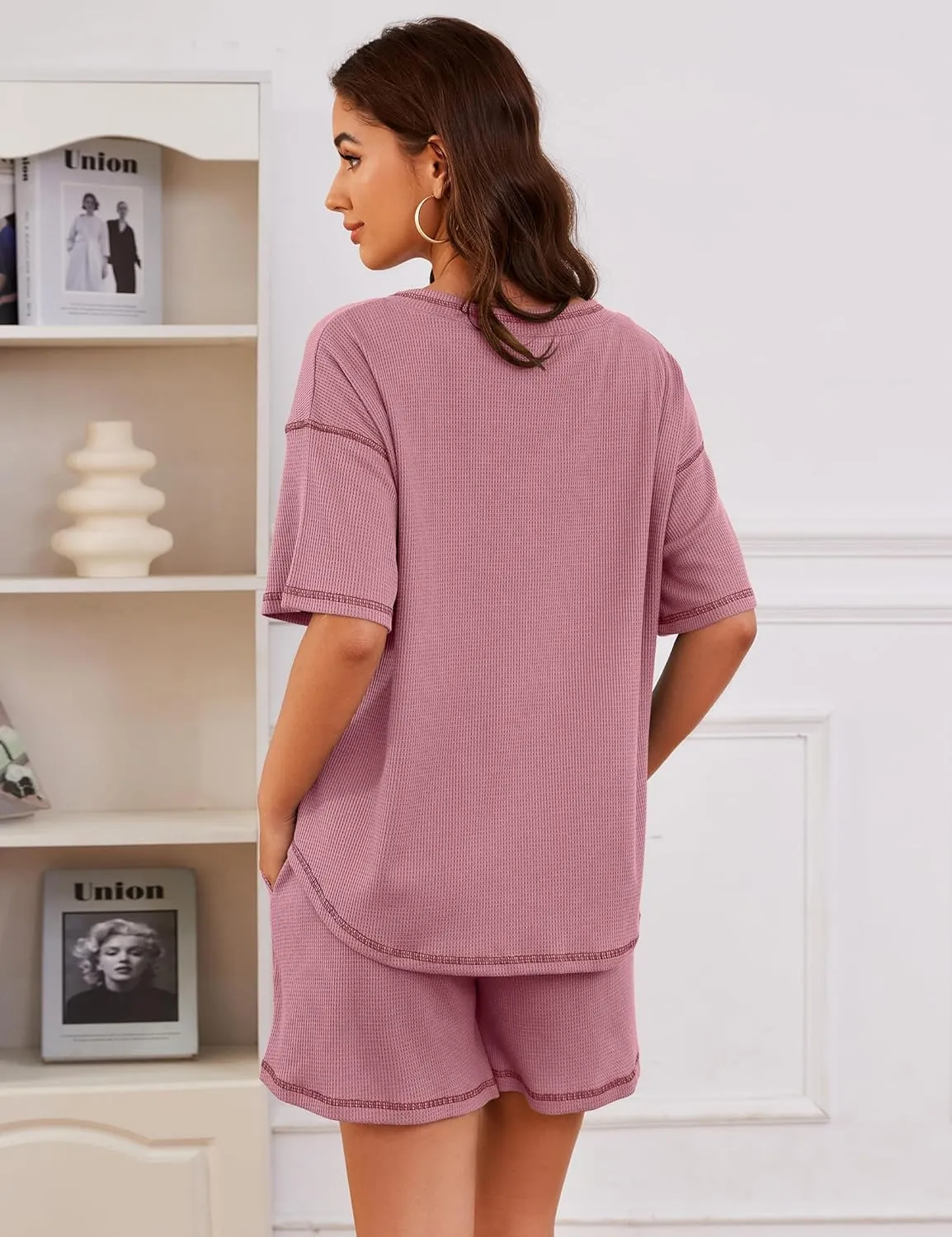Womens Pajama Sets Waffle Knit 2 Piece Short Lounge Set Cute Sleep Loungewear Pjs Set Short Sleeve Top and Shorts