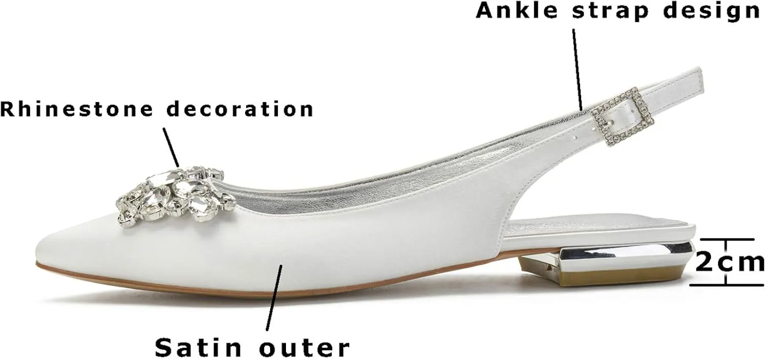 Women's Pointed Toe Slingback Flat Ballet Rhinestone Shoes Satin Evening Party Dress Wedding Bridal Shoes