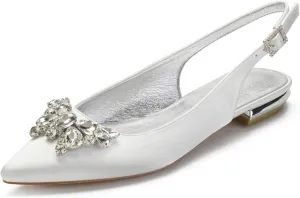 Women's Pointed Toe Slingback Flat Ballet Rhinestone Shoes Satin Evening Party Dress Wedding Bridal Shoes