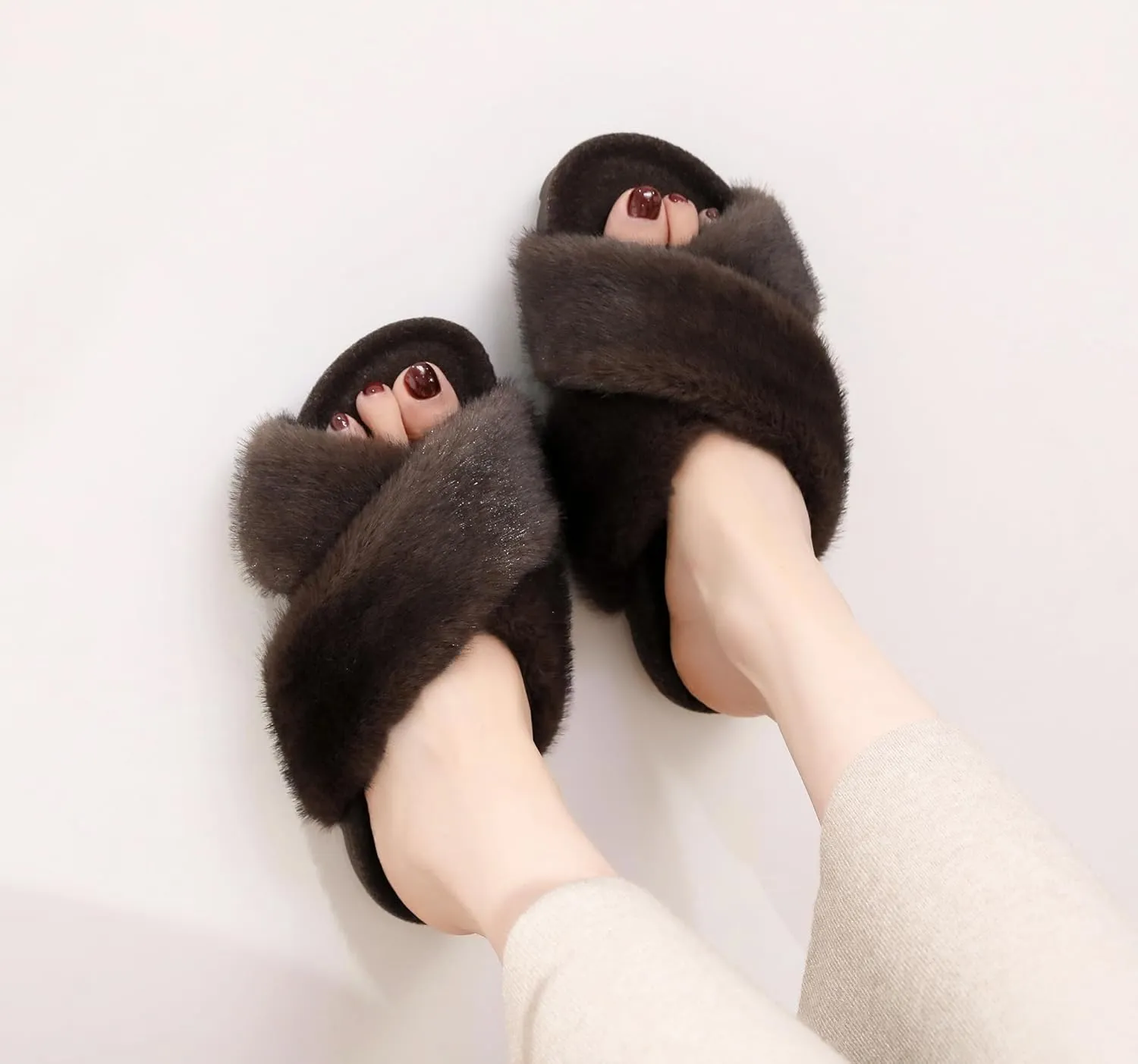 Women's Premium Rich Plush Warm Scuff Comfy EVA Footbed Breathable Cross Band Indoor Lady Platform Soles Slippers