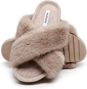 Women's Premium Rich Plush Warm Scuff Comfy EVA Footbed Breathable Cross Band Indoor Lady Platform Soles Slippers