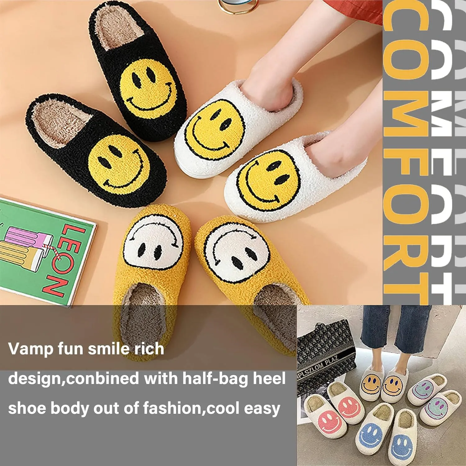 Women's Retro Smile Face Slippers, Soft Plush, Anti-Skid Sole, White, Size US 5-11/EU 36-43