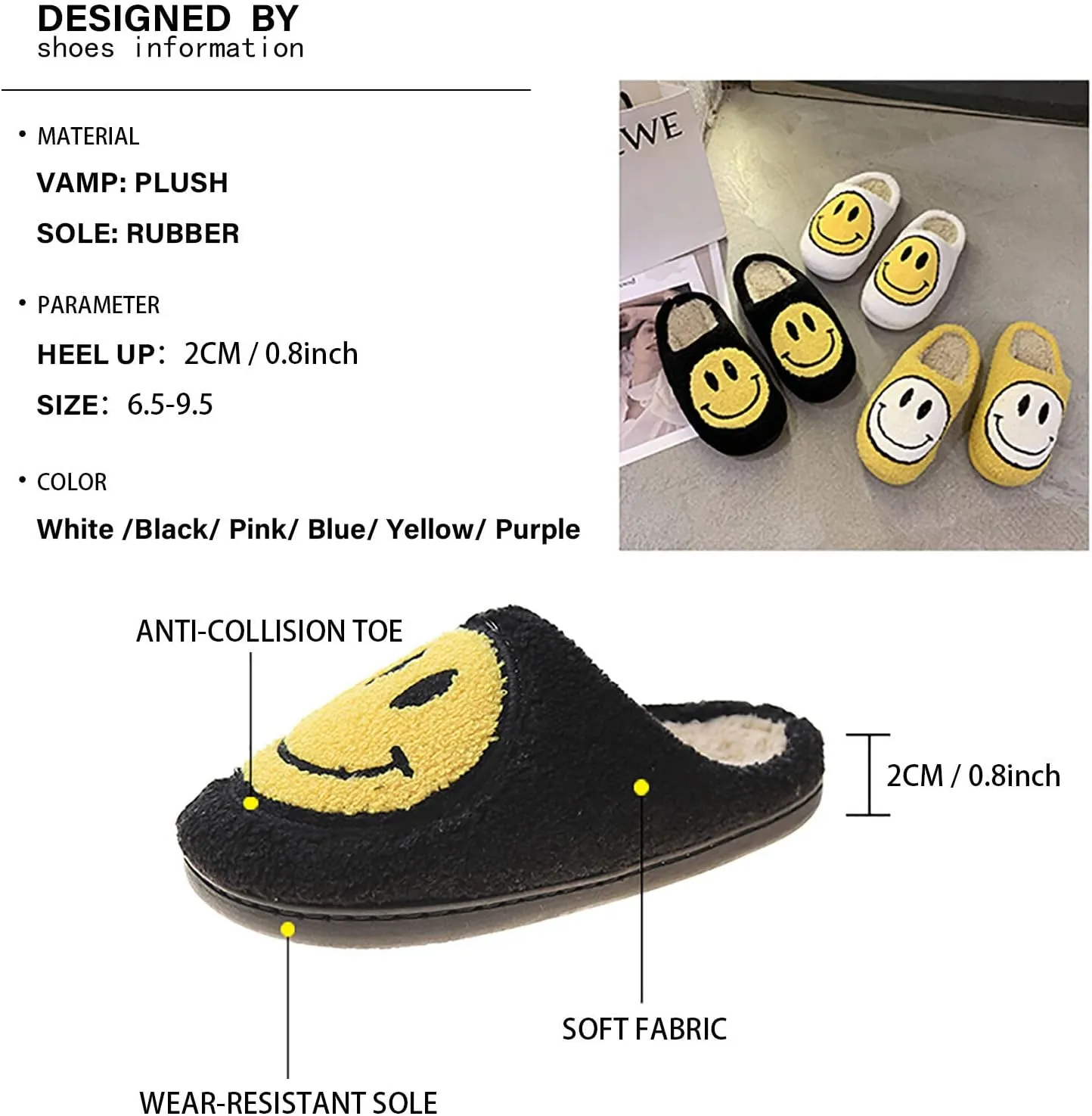Women's Retro Smile Face Slippers, Soft Plush, Anti-Skid Sole, White, Size US 5-11/EU 36-43