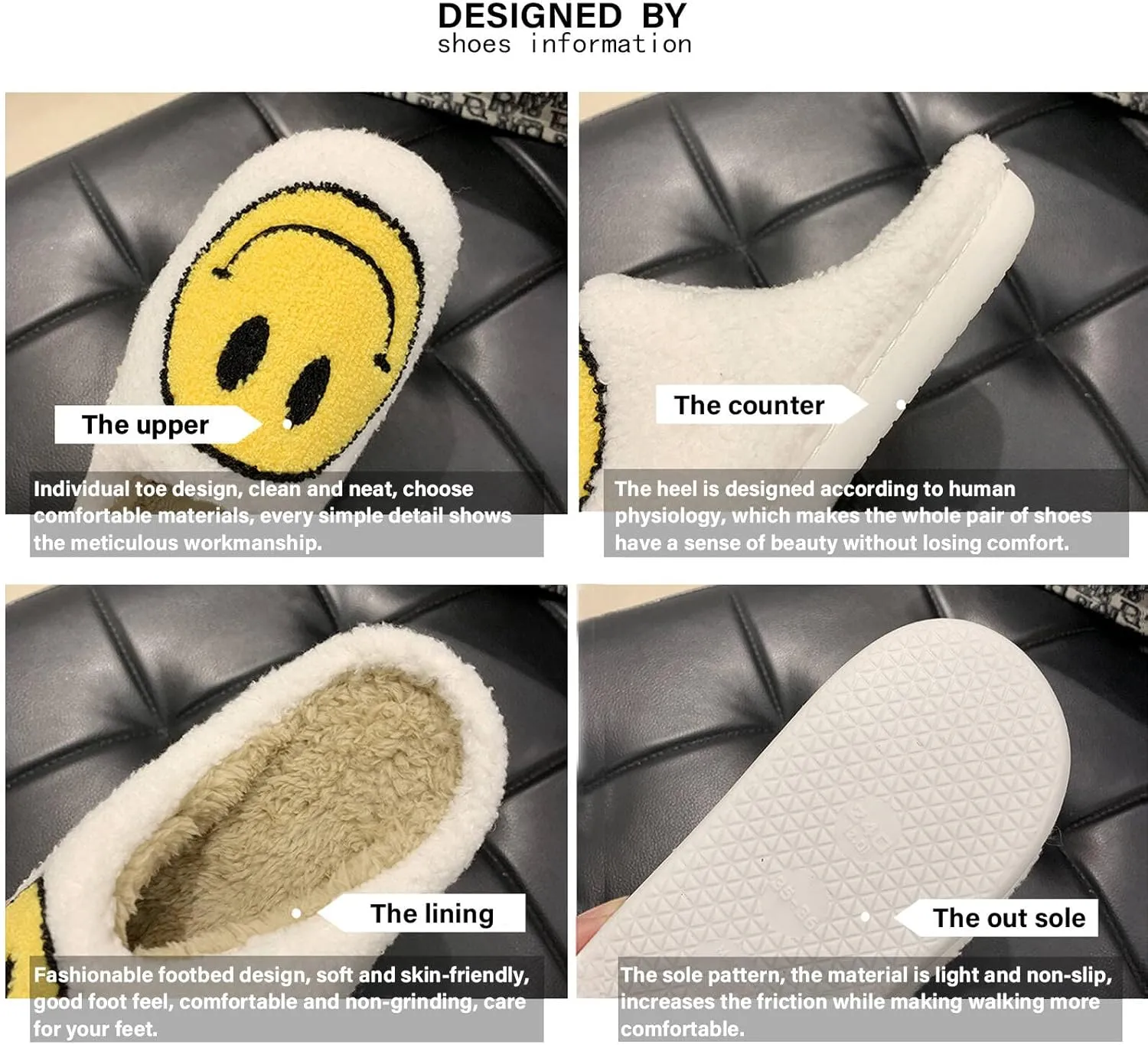 Women's Retro Smile Face Slippers, Soft Plush, Anti-Skid Sole, White, Size US 5-11/EU 36-43