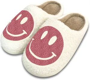 Women's Retro Smile Face Slippers, Soft Plush, Anti-Skid Sole, White, Size US 5-11/EU 36-43