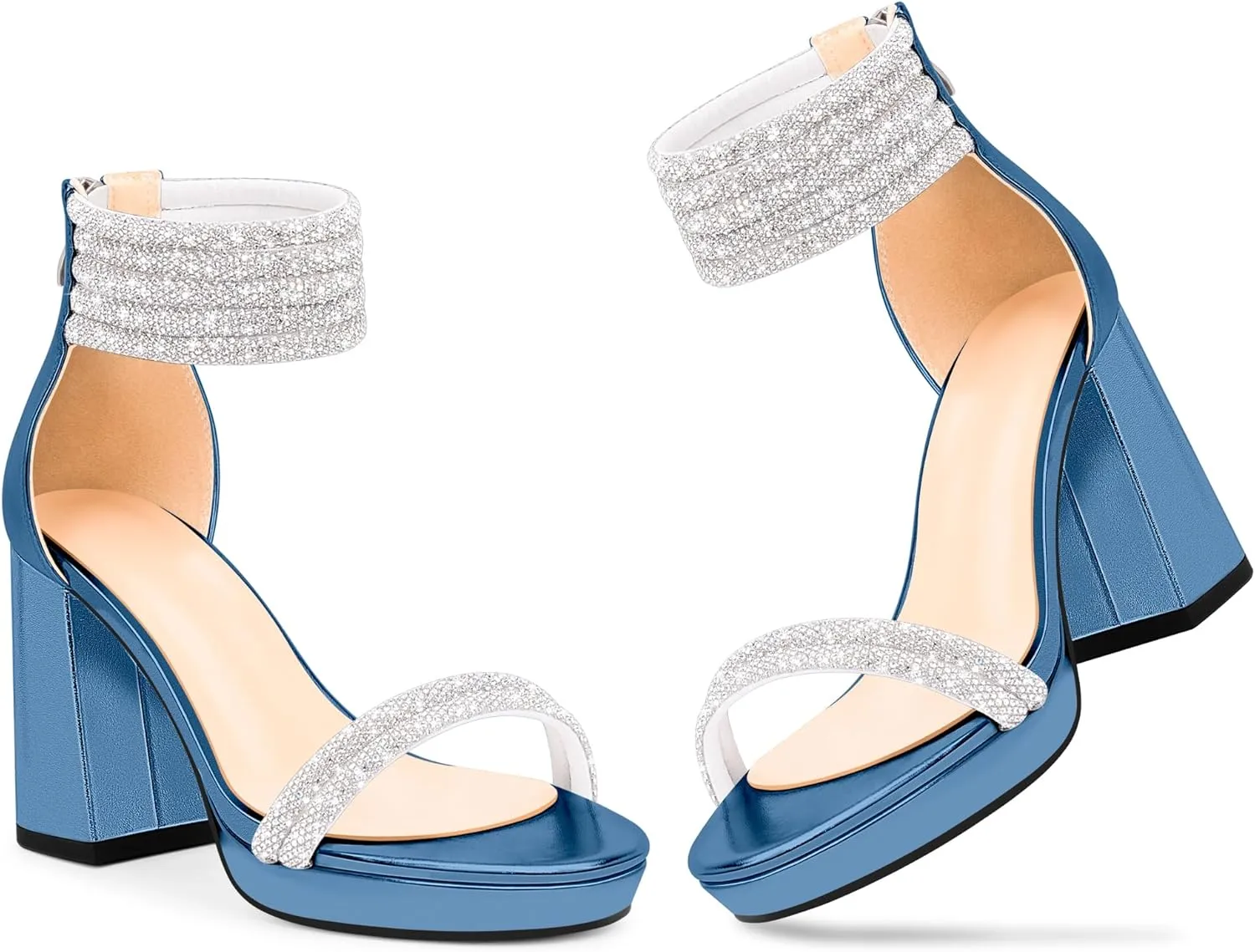 Women's Rhinestone Platform Chunky High Heeled Sandals Open Toe Ankle Strap Sexy Wedding Dress Shoes