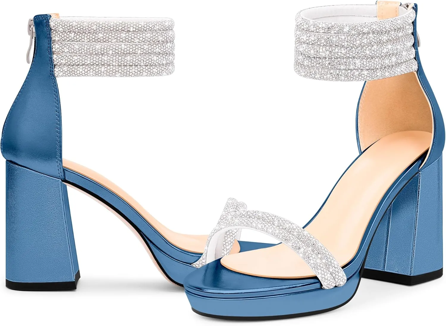 Women's Rhinestone Platform Chunky High Heeled Sandals Open Toe Ankle Strap Sexy Wedding Dress Shoes