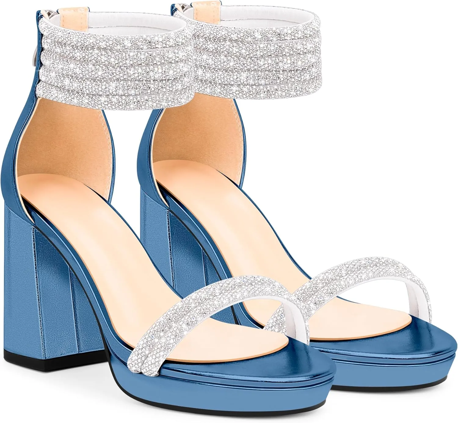 Women's Rhinestone Platform Chunky High Heeled Sandals Open Toe Ankle Strap Sexy Wedding Dress Shoes