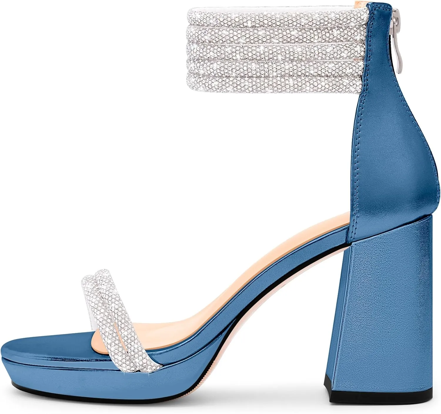 Women's Rhinestone Platform Chunky High Heeled Sandals Open Toe Ankle Strap Sexy Wedding Dress Shoes