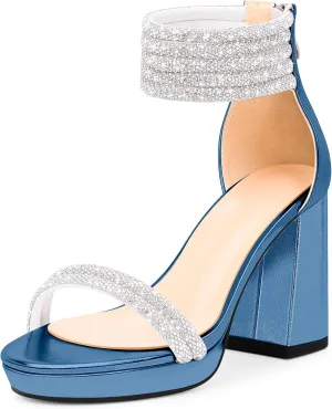Women's Rhinestone Platform Chunky High Heeled Sandals Open Toe Ankle Strap Sexy Wedding Dress Shoes
